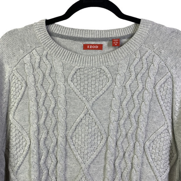 IZOD Sweater Light Grey Cotton Cable Knit Preppy Irish Ski Crew Neck- NWT - Picture 2 of 13